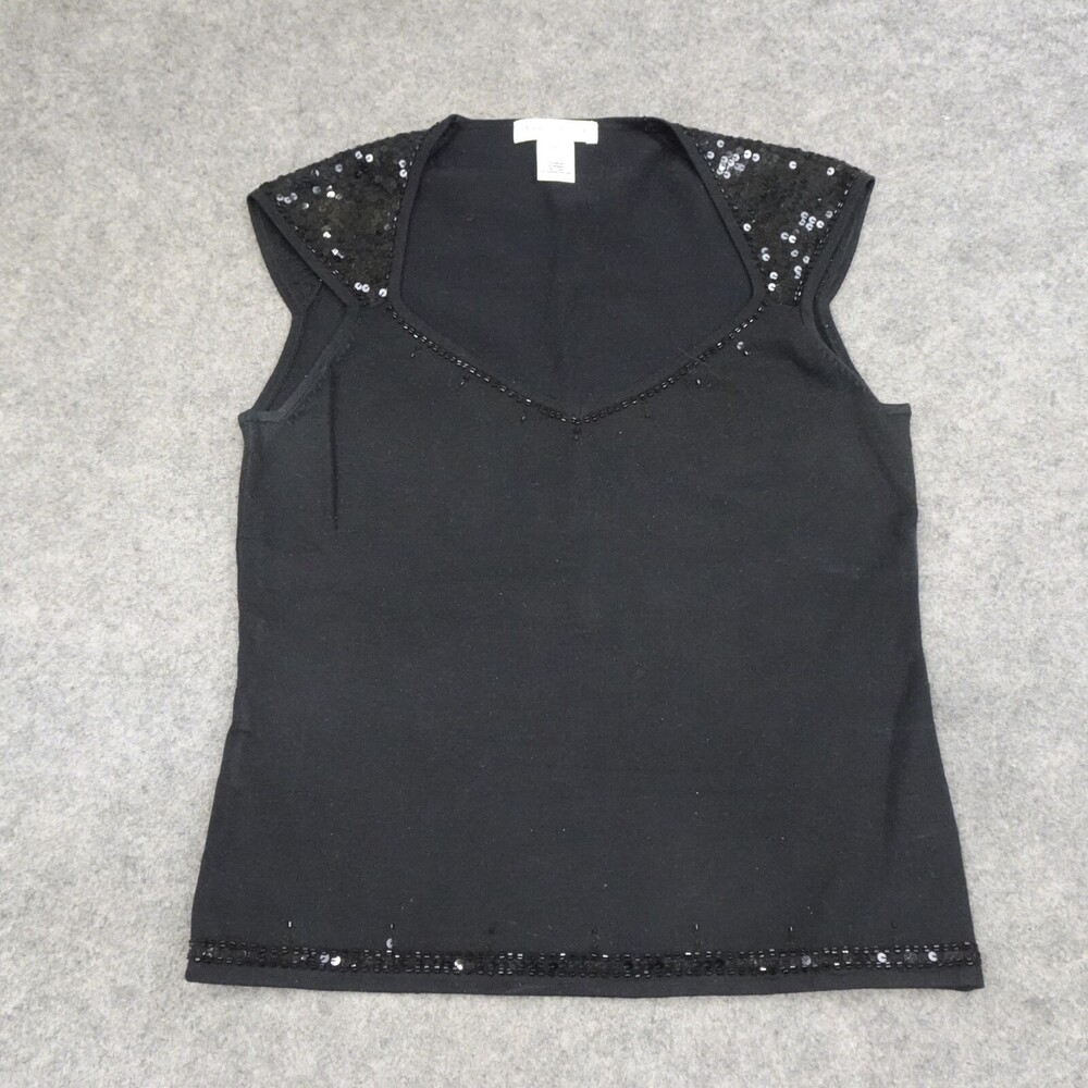 White House Black Market Top Womens Medium M Black Cap Sleeve Shirt Sequins WHBM